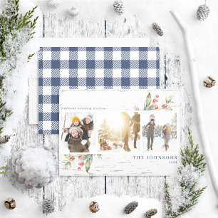 Festive Navy Blue Farmhouse Greenery Photo Collage Julkort