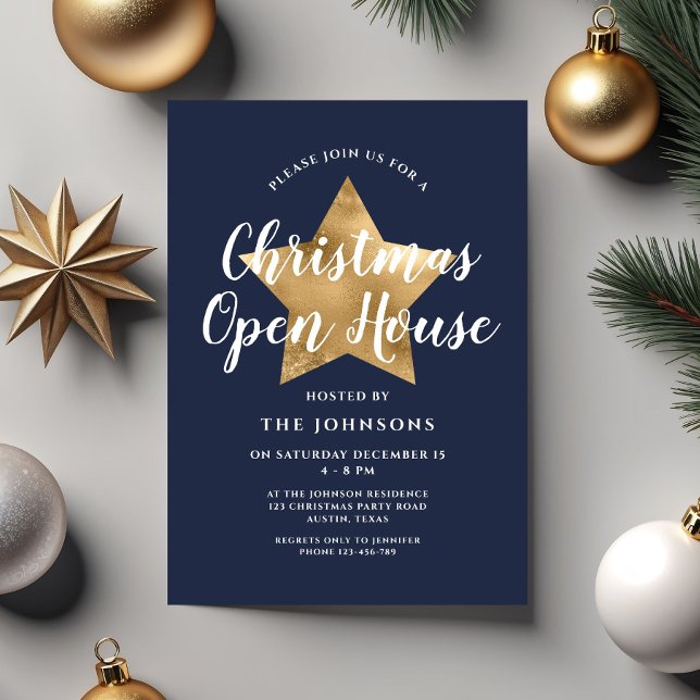 Festive Navy Blue Star Jul - Öppet hus Inbjudningar (Festive Navy Blue Star Christmas Open House Invitation)