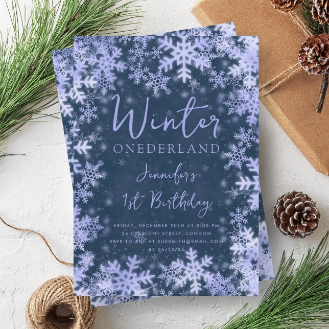 Festive Navy Blue Winter ONEDERLAND 1:a födelsedag Inbjudningar (Festive Navy Blue Winter ONEDERLAND 1st Birthday Invitation)