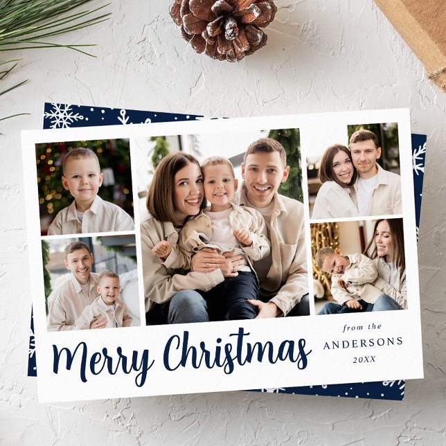 Festive Navy Script 5 Photo Collage Julkort (Skapare uppladdad)