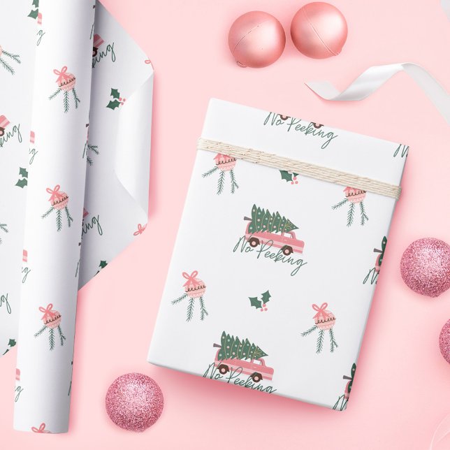 Festive No Peeking Julgran Vintage Van Van Presentpapper (Festive No Peeking Christmas Tree Vintage Van Wrapping Paper)
