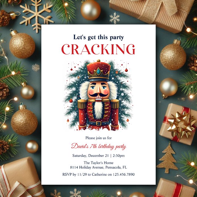 Festive Nutcracker Cracking Thomic Födelsedagsfest Inbjudningar (Festive Christmas Nutcracker Cracking Themed Birthday Party Invitation)