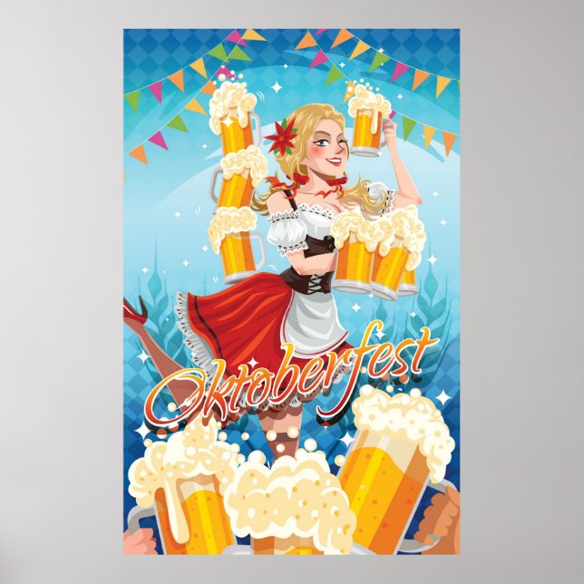 Festive Oktoberfest Maid in Red med Öl Poster (Framsidan)