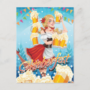 Festive Oktoberfest Maid in Red med Öl Vykort