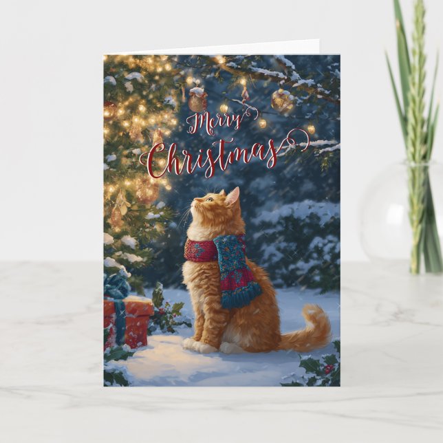 Festive Orange Cat Christmas Greeting Folded Card Helgkort (Framsida)