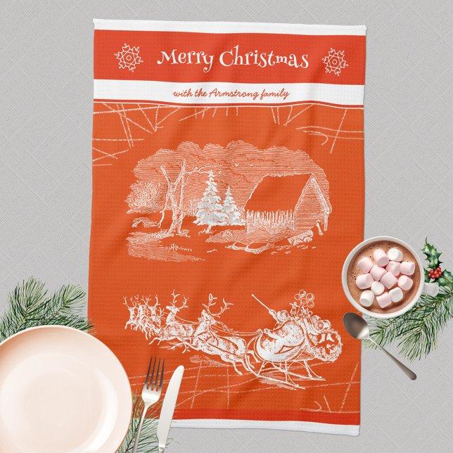 Festive Orange Jultomten Modern Kökshandduk (Merry Christmas 🎅🏻 Santa Sleigh Reindeers Orange Kitchen Towel ©Susanne Sachers - Sunny Mind Desig)