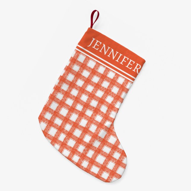 Festive Orange Red Gingham Mönster med Monogram Liten Julstrumpa (Framsidan (Hängande))