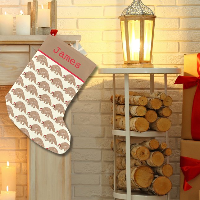 Festive Pangolin-utrotningshotade arter Animaliska Liten Julstrumpa (Christmas pangolin wearing a Santa hat pattern personalized name holiday stocking)