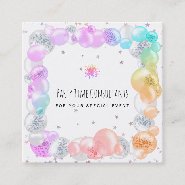 *~* Festive Party Balloons Rainbow Event Planner   Fyrkantigt Visitkort (Framsida)