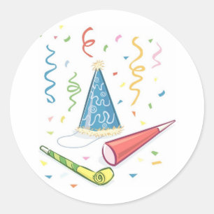 Festive Party Hat med Noisemakers Runt Klistermärke