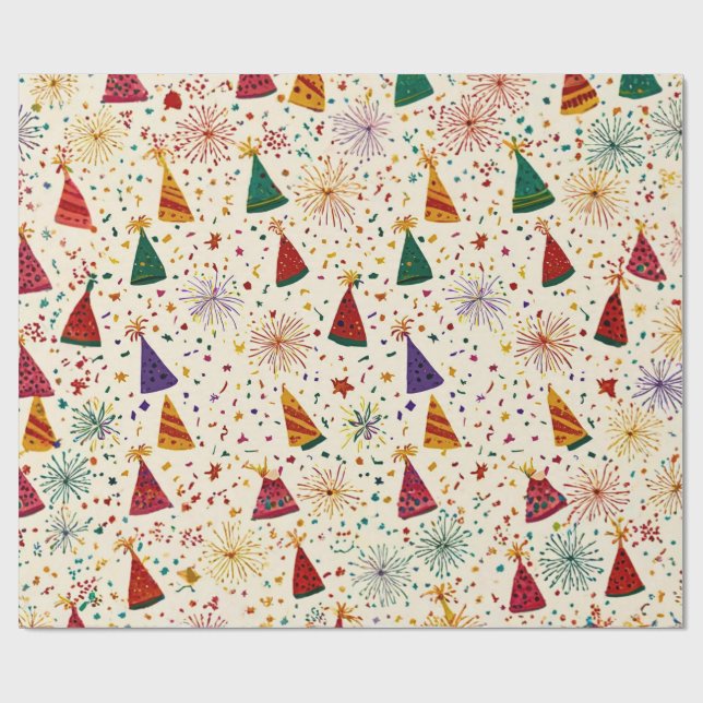 Festive Party Hats & Fireworks Seamless Pattern  Presentpapper (Platt)