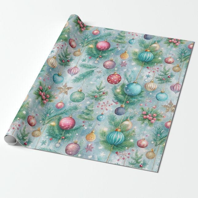 Festive Pastel Julgran Ornament Holly Berry Presentpapper (Utrullad)