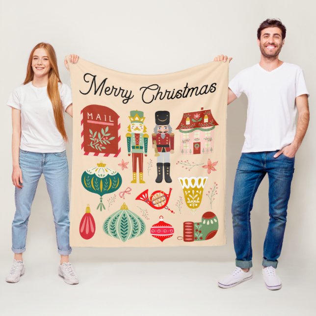 Festive pastel rosa Holly-julnötskacker Fleecefilt (På plats)