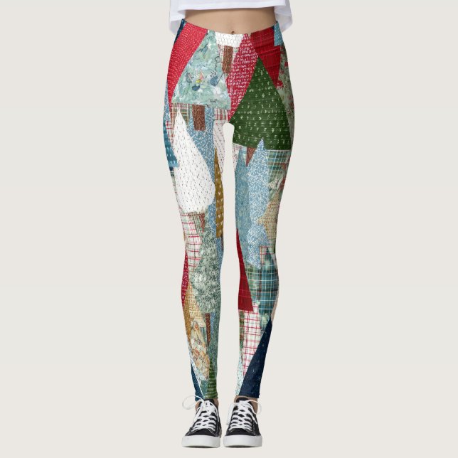 Festive Patchwork Christmas Tree Pattern Leggings (Framsida)