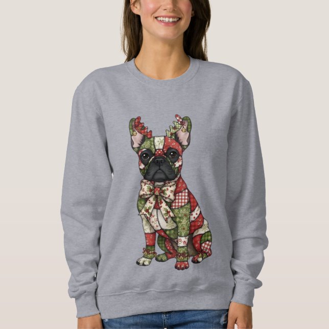 Festive Patchwork Fransk Bulldog Jul T Shirt (Framsida)