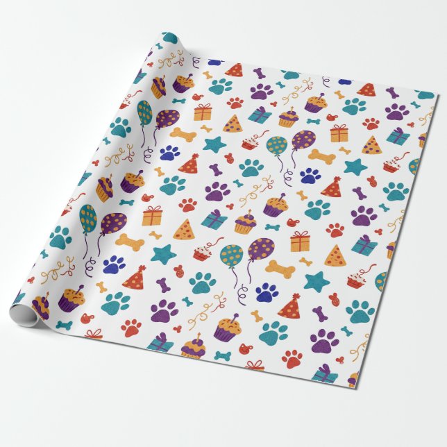 Festive Paw Prints & Party Treats Pet Anniversary Presentpapper (Utrullad)