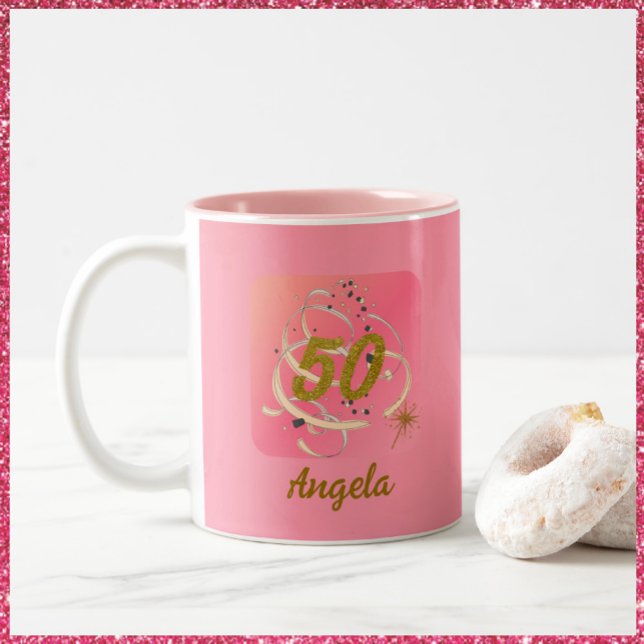 Festive Peachy femtio år Birthday Minnesdag Två-Tonad Mugg (Skapare uppladdad)
