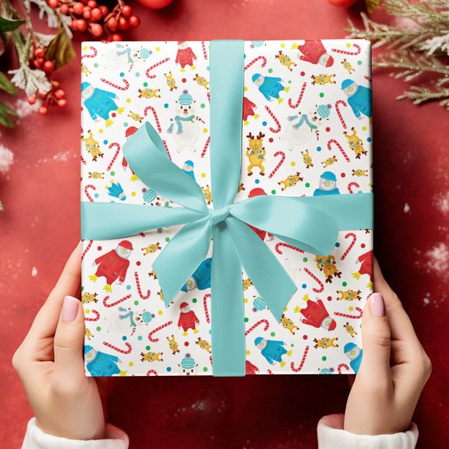 Festive Penguin Reindeer Snögubbe Design Presentpapper (Christmas Penguins Reindeer and Polar Bears Wrapping Paper)