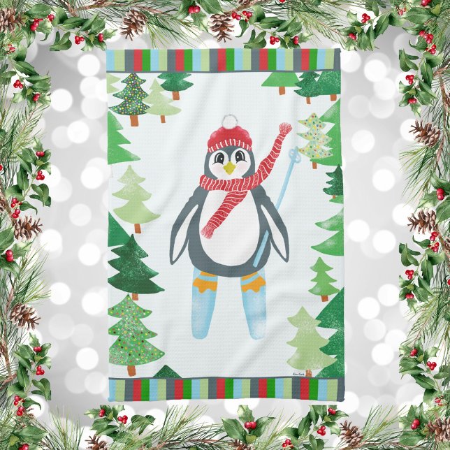 Festive Penguin Skickar juldesign Kökshandduk (Winter Holiday Penguin Skiing on a Mountain Of Christmas Trees Kitchen Towel)