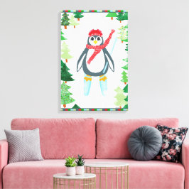 Festive Penguin Skiing Julgran Design Canvastryck