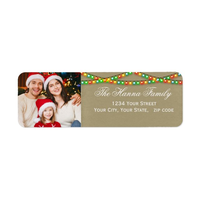 Festive Personalized Family Photo Christmas Lights Returadress Etikett (Framsidan)