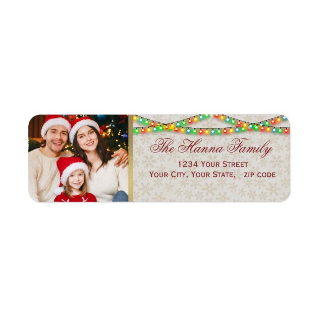 Festive Personalized Family Photo Christmas Lights Returadress Etikett (Framsidan)