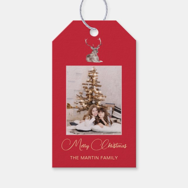 Festive Photo med Winter Hjort Red jul Presentetikett (Framsidan)