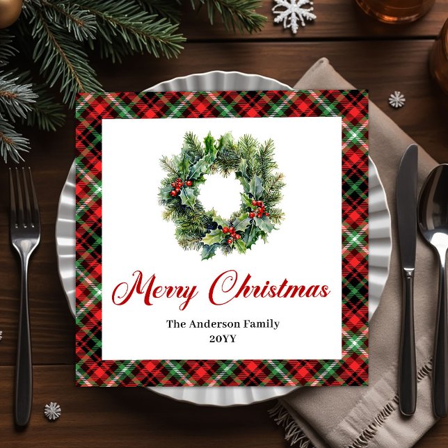 Festive Pine Wreath Christmas Napkins Custom Text Pappersservett (Festive Pine Wreath Christmas Napkins Custom Text)