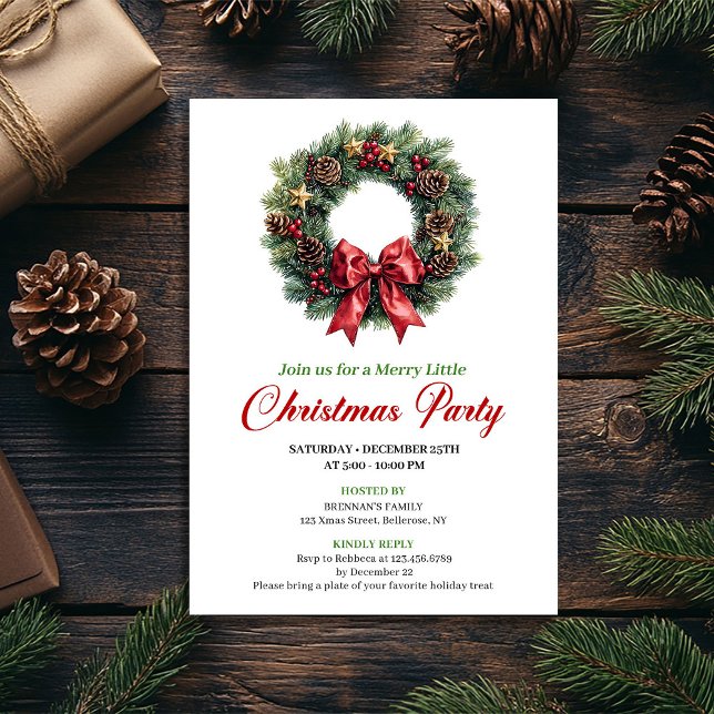 Festive Pine Wreath Christmas Party Editable Card Inbjudningar (Festive Pine Wreath Christmas Party Editable Card)