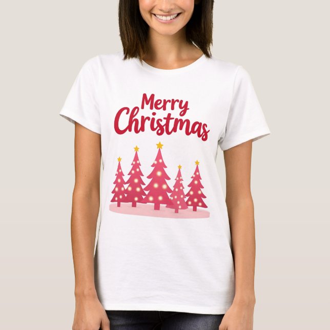 Festive Pink Christmas Trees 'Merry Christmas'  T Shirt (Framsida)