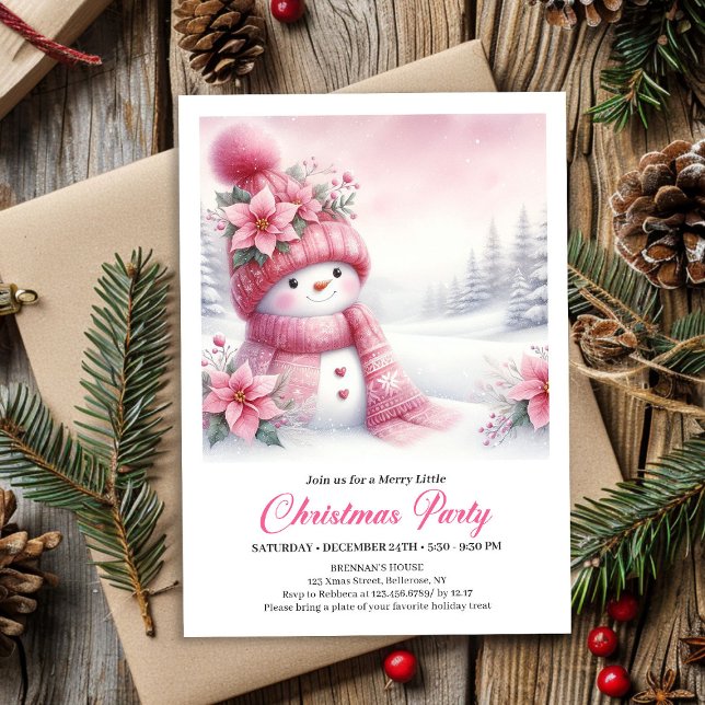 Festive Pink Snowman Kids Christmas Invite Digital Inbjudningar (Festive Pink Snowman Kids Christmas Invite Editable File)