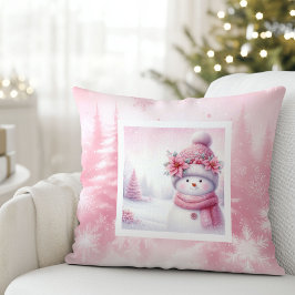 Festive Pinkmas Pillow Snowman Winter Charm Kudde