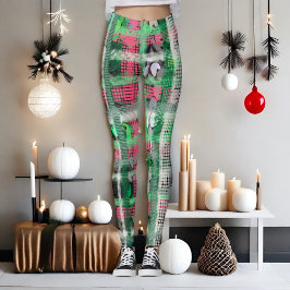 Festive plaid grönt red white grått kräm glitter leggings