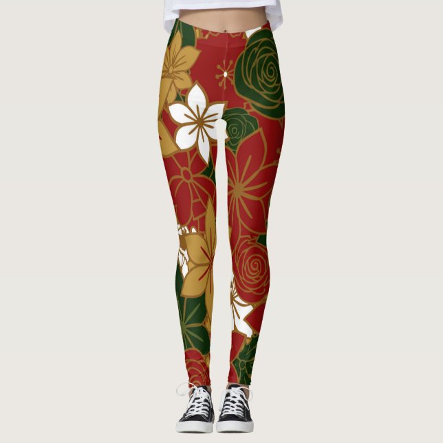 Festive Poinsettia Christmas Floral Leggings (Framsida)