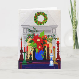 Festive Poinsettia Fireplace Kort