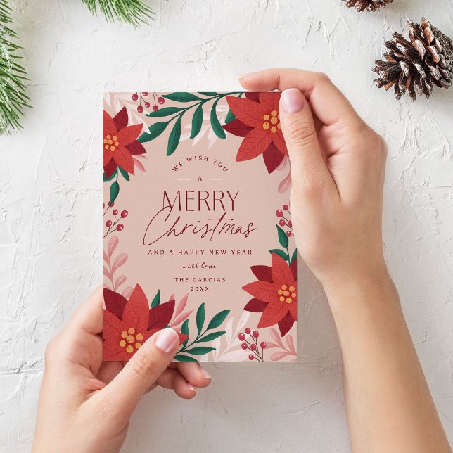 Festive Poinsettia Flowers jul Julkort (elegant and classy christmas card with poinsettia flowers)