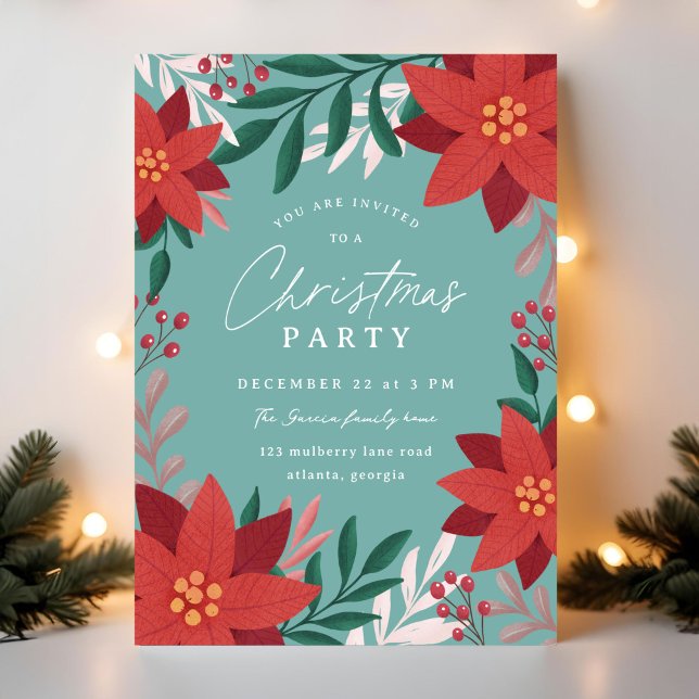Festive Poinsettia Flowers jul Party Inbjudningar (red and blue illustrated Christmas party invitation with florals and botanicals)