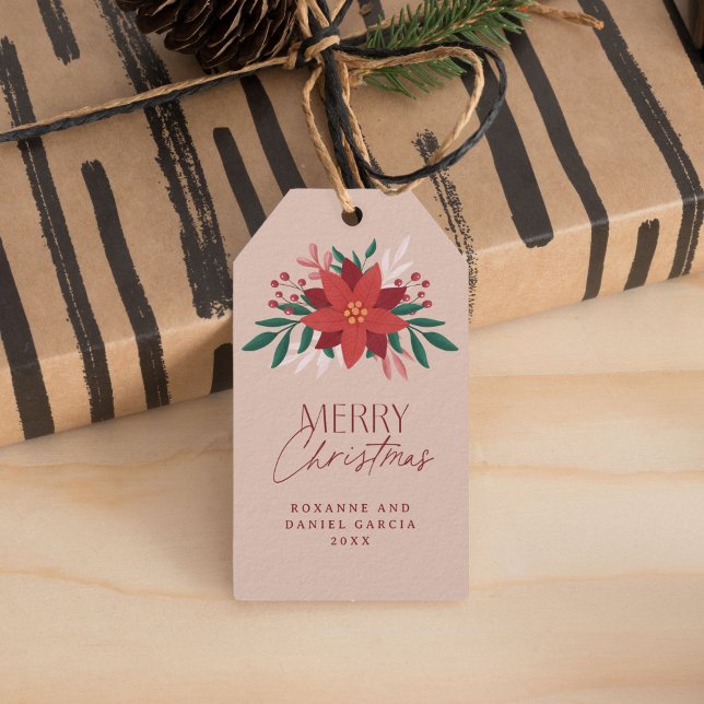Festive Poinsettia Flowers jul Presentetikett (elegant Christmas gift tag with poinsettia bouquet)