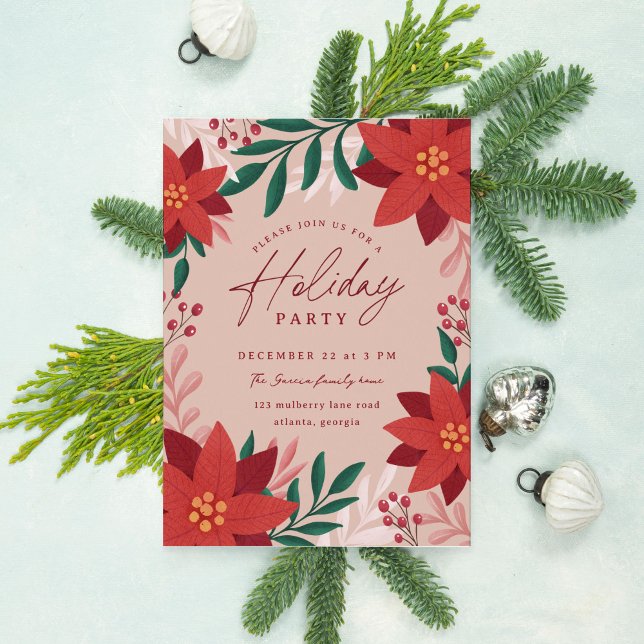 Festive Poinsettia Flowers Julfest Inbjudningar (beige holiday party invitation with elegant botanicals and foliage)