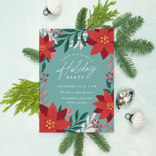 Festive Poinsettia Flowers Julfest Inbjudningar (teal holiday party invitation with elegant poinsettias and botanicals)