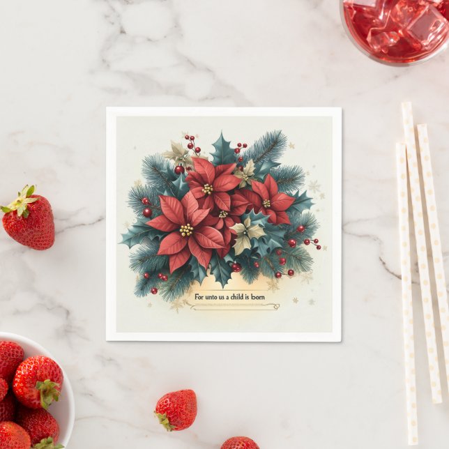 Festive Poinsettia Ntivity Bible Verse Decoupage Pappersservett (Insitu)