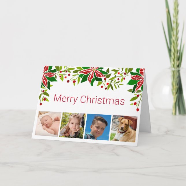 Festive Poinsettia och Holly Four Photo Helgkort (Framsida)