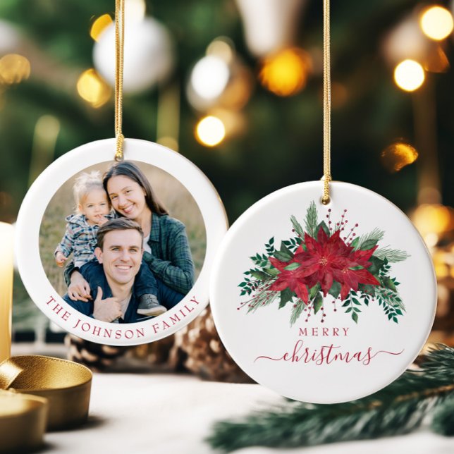 Festive Poinsettia Photo jul Julgransprydnad Keramik (Festive Poinsettia Photo Christmas Ceramic Ornament)