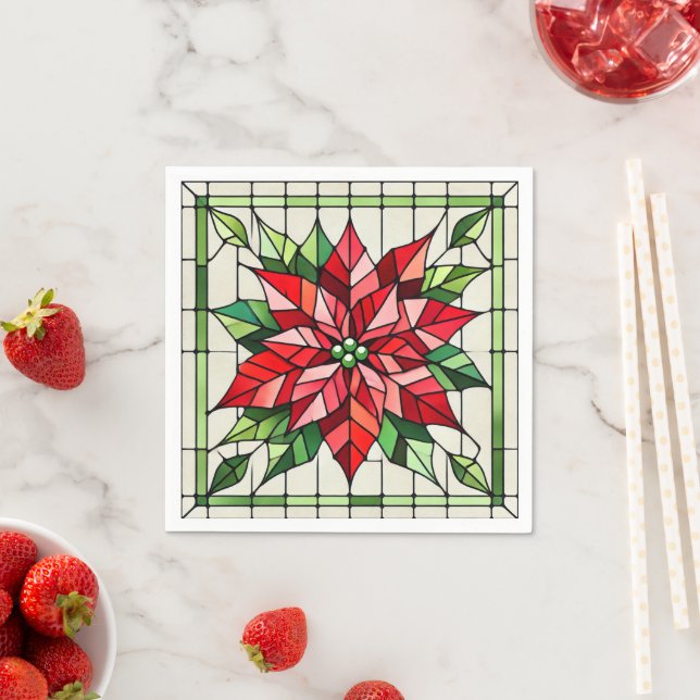 Festive Poinsettia Stached Glass Decoupage Pappersservett (Insitu)