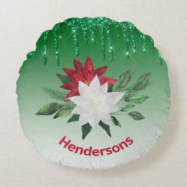 Festive Poinsettias och Grönt Glitter Drives Rund Kudde