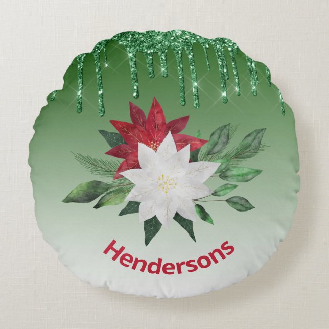 Festive Poinsettias och Grönt Glitter Drives Rund Kudde (Framsidan)