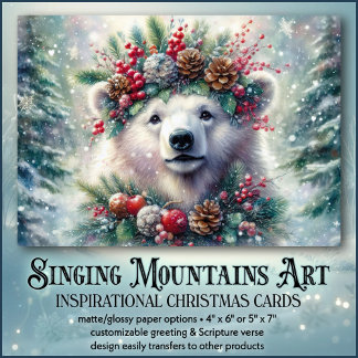 Festive Polar Bear Holly Krona Christian Jul Helgkort