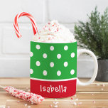 Festive Polka dots Anpassningsbar jul Monogram Nam Kaffemugg<br><div class="desc">Anpassa detta julkaffe eller hett kakao mugg med namn eller annan anpassningsbar. Utformningen har en mönster i polka dots. Klassiskt rött,  grönt och vitt färg.</div>