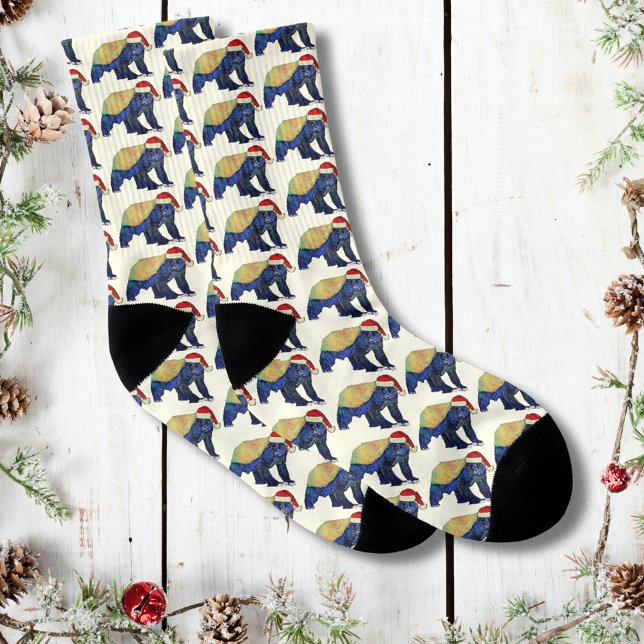 Festive Psychedelic Honey badger Badass-jul Strumpor (Christmas honey badger wearing a Santa hat pattern socks badass animal art )
