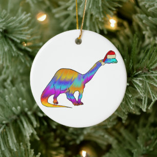 Festive Psychedelic Rainbow Brontosaurus Dinosaur Julgransprydnad Keramik